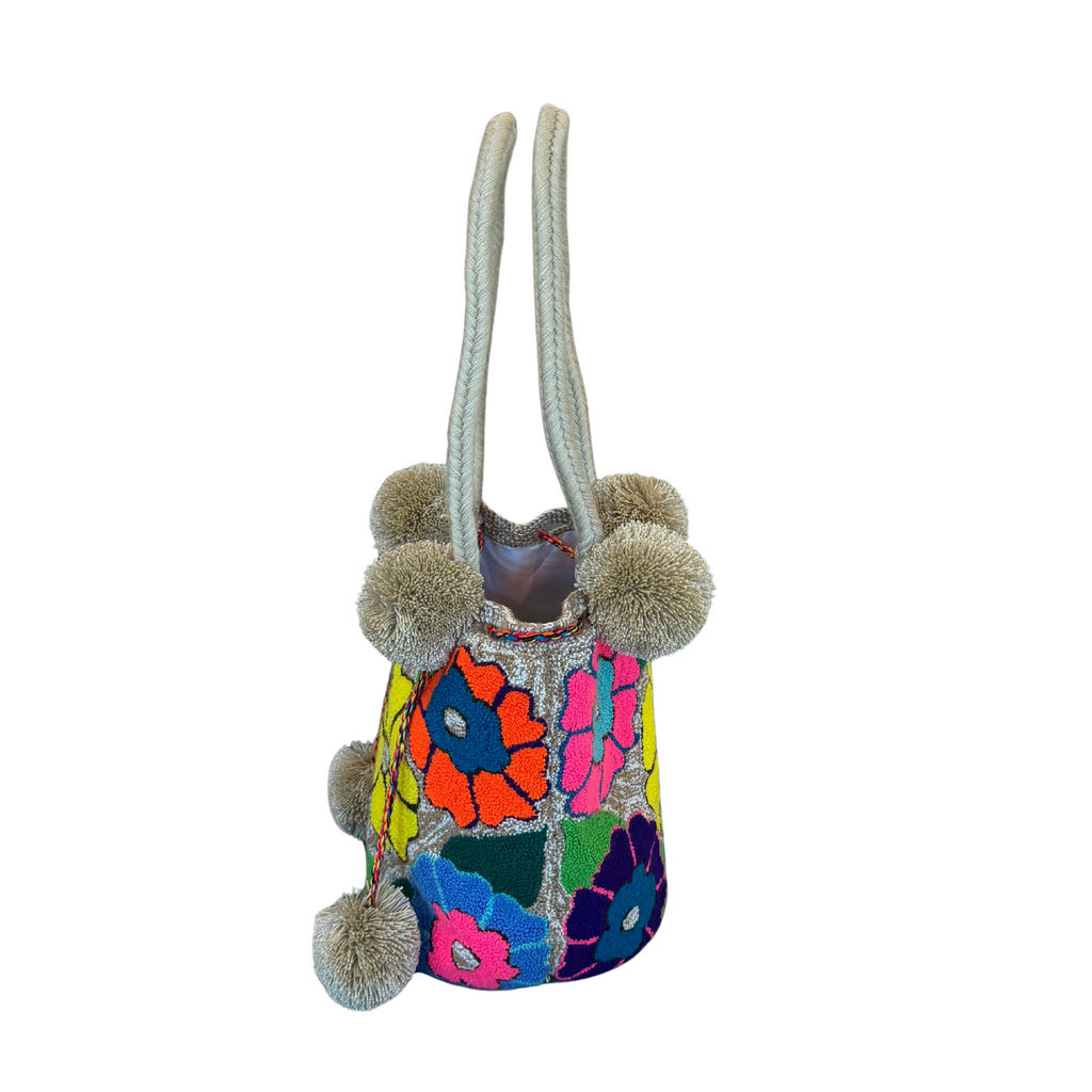 Wayuu Large Premium Handmade Tapestry Bucket Bag |  Needle Punch Floral Design "Sunny Day"