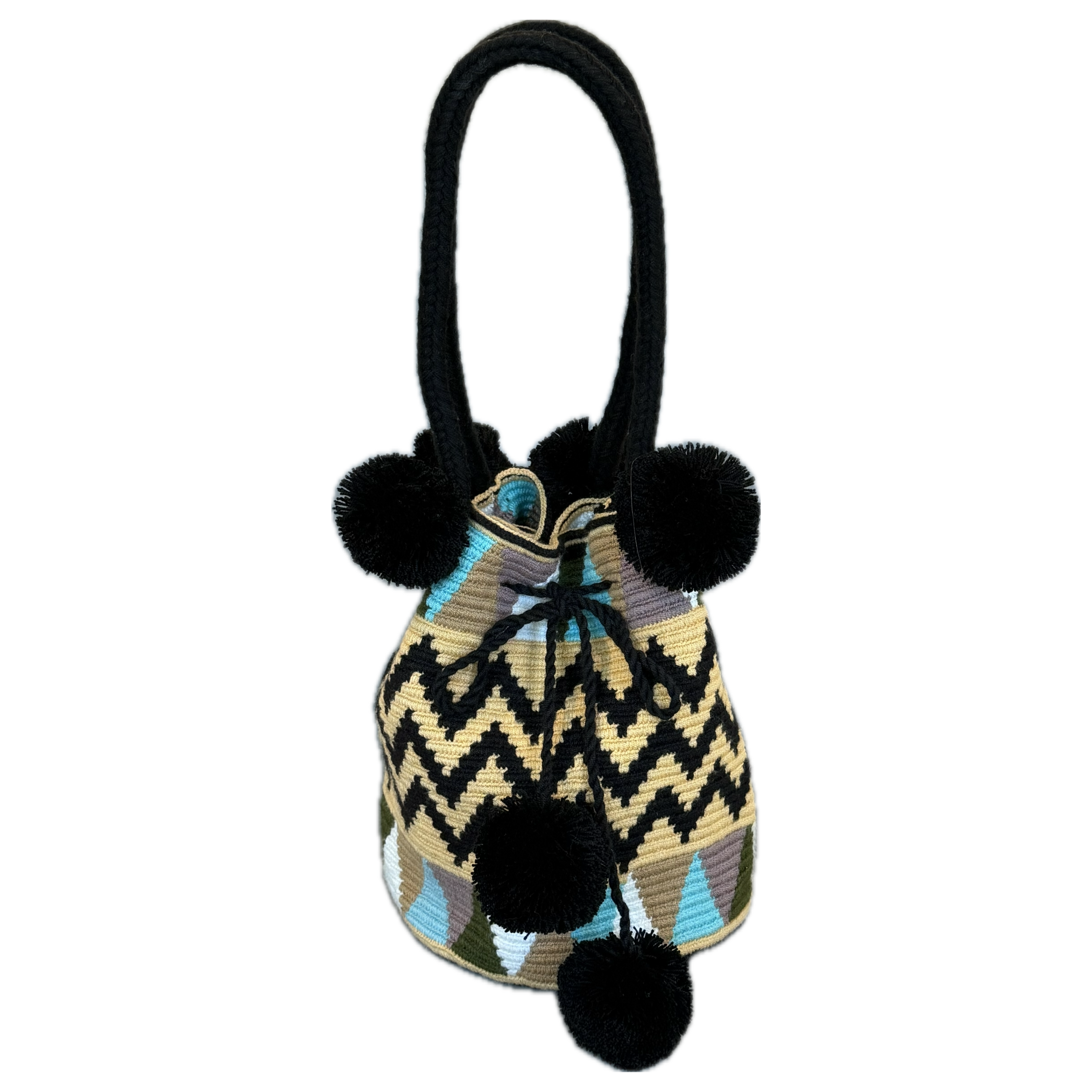 Wayuu Handmade Large Crochet Bucket Bag with Pom Poms "Desert Zigzag"