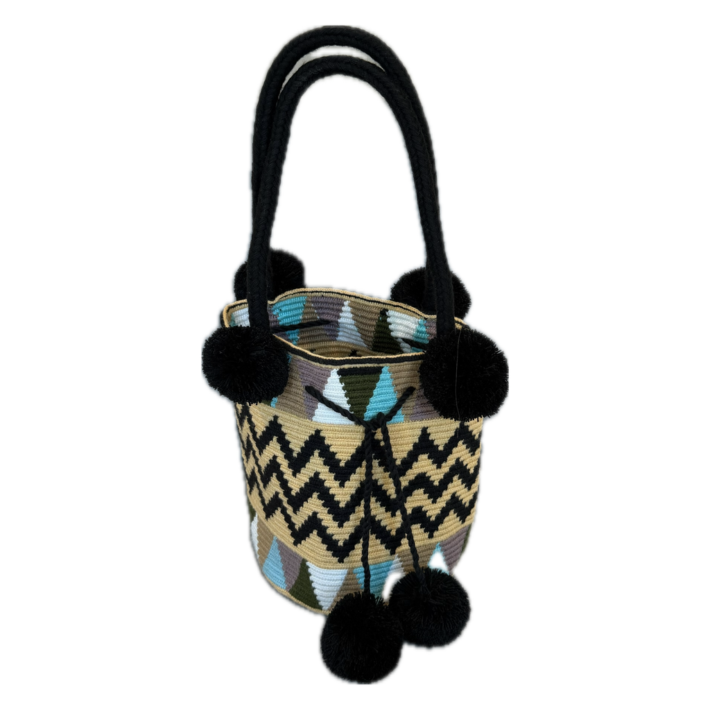 Wayuu Handmade Large Crochet Bucket Bag with Pom Poms "Desert Zigzag"