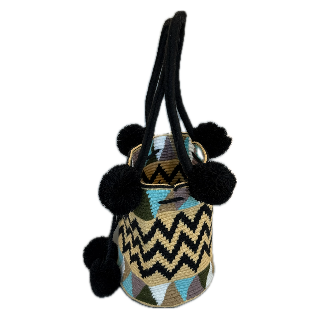 Wayuu Handmade Large Crochet Bucket Bag with Pom Poms "Desert Zigzag"