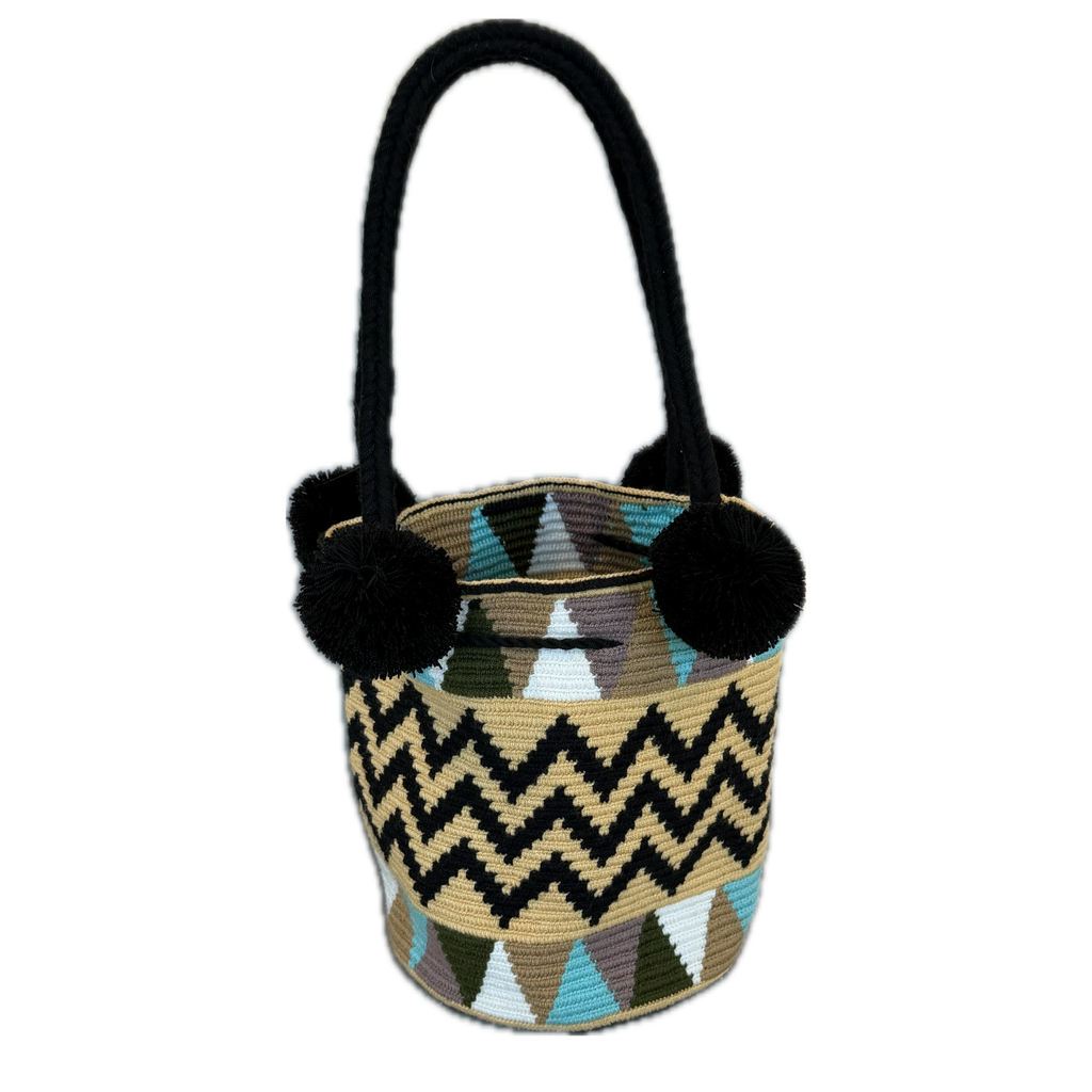 Wayuu Handmade Large Crochet Bucket Bag with Pom Poms "Desert Zigzag"