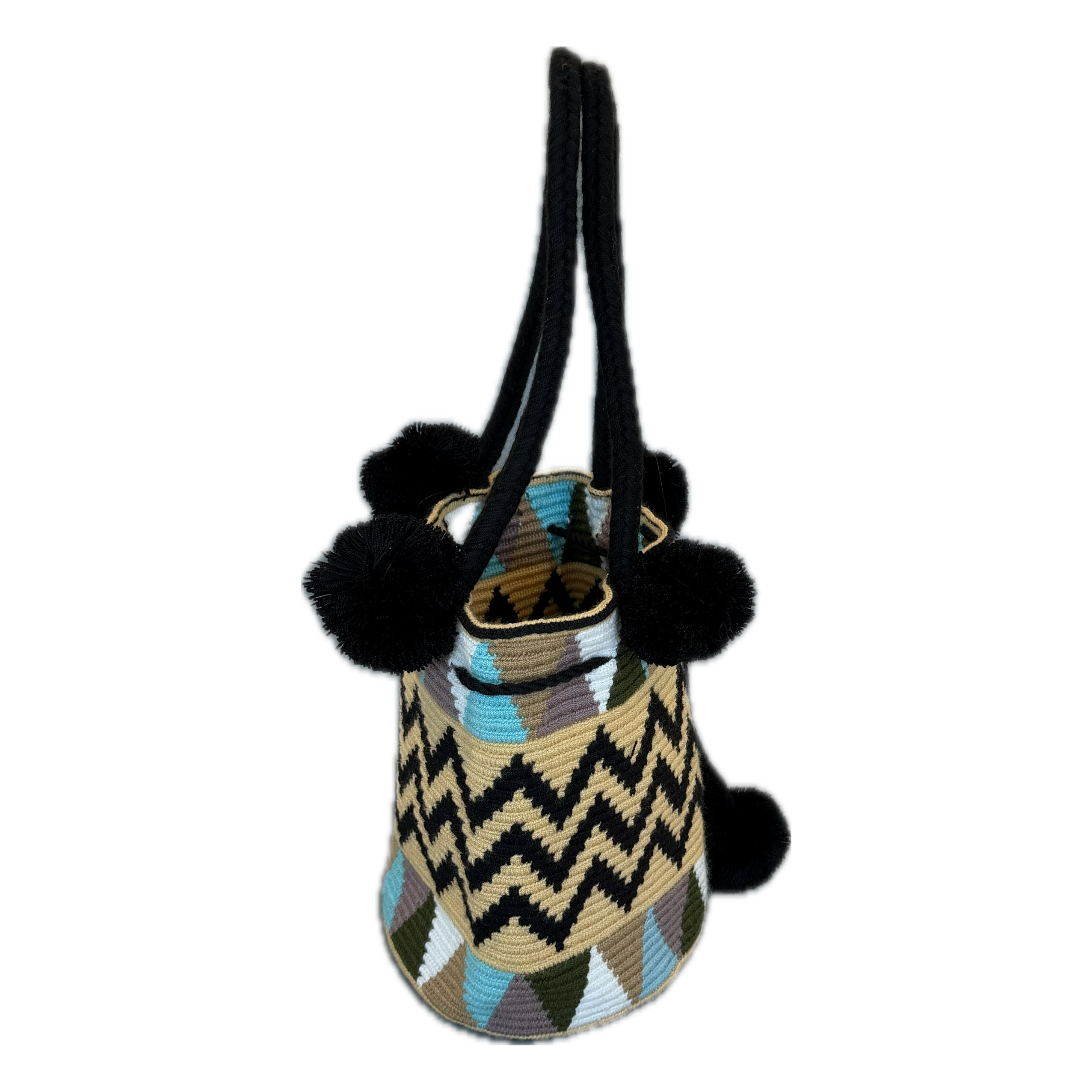 Wayuu Handmade Large Crochet Bucket Bag with Pom Poms "Desert Zigzag"