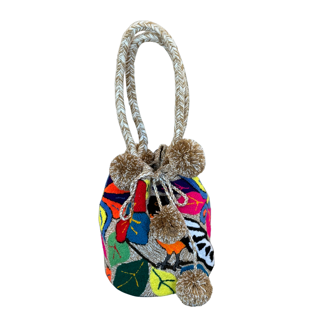 Wayuu Large Premium Handmade Tapestry Bucket Bag |  Needle Punch Floral Design "Tropical Bird"