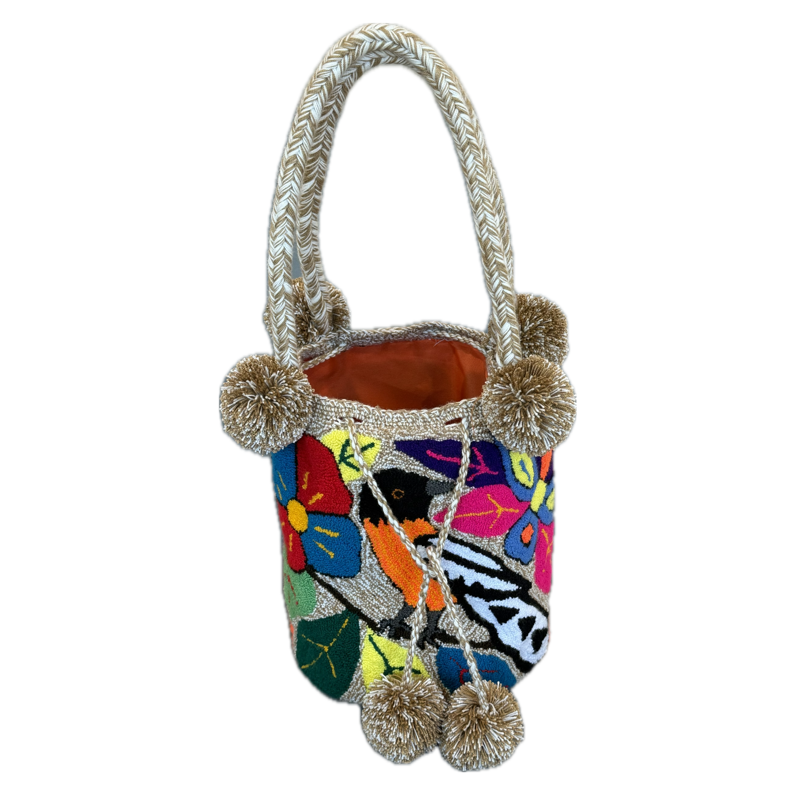 Wayuu Large Premium Handmade Tapestry Bucket Bag |  Needle Punch Floral Design "Tropical Bird"