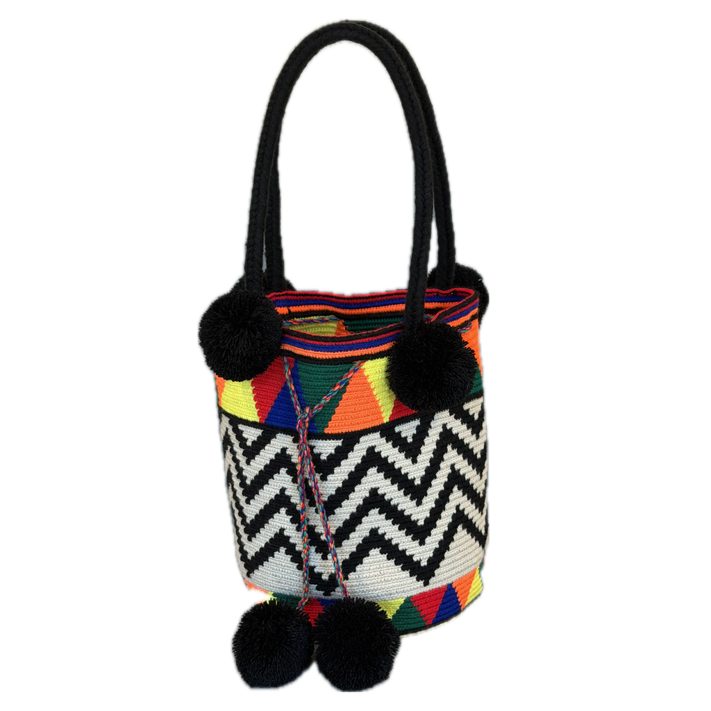 Wayuu Handmade Large Crochet Bucket Bag with Pom Poms "Happy Sunny Zigzag"