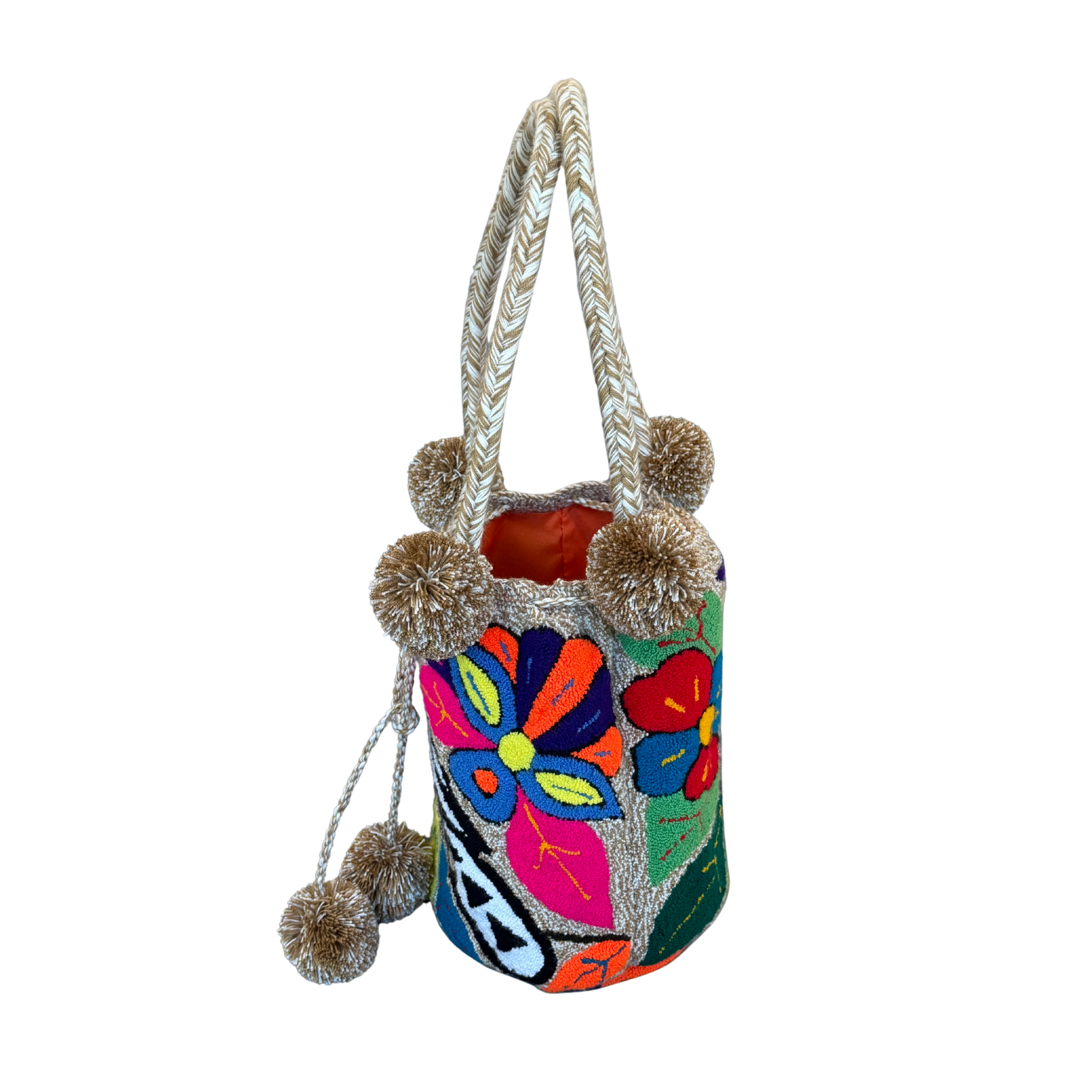 Wayuu Large Premium Handmade Tapestry Bucket Bag |  Needle Punch Floral Design "Tropical Bird"