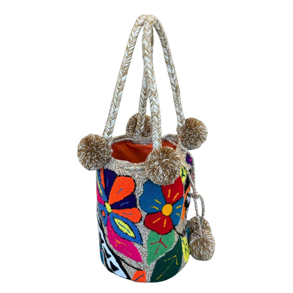 Wayuu Large Premium Handmade Tapestry Bucket Bag |  Needle Punch Floral Design "Tropical Bird"