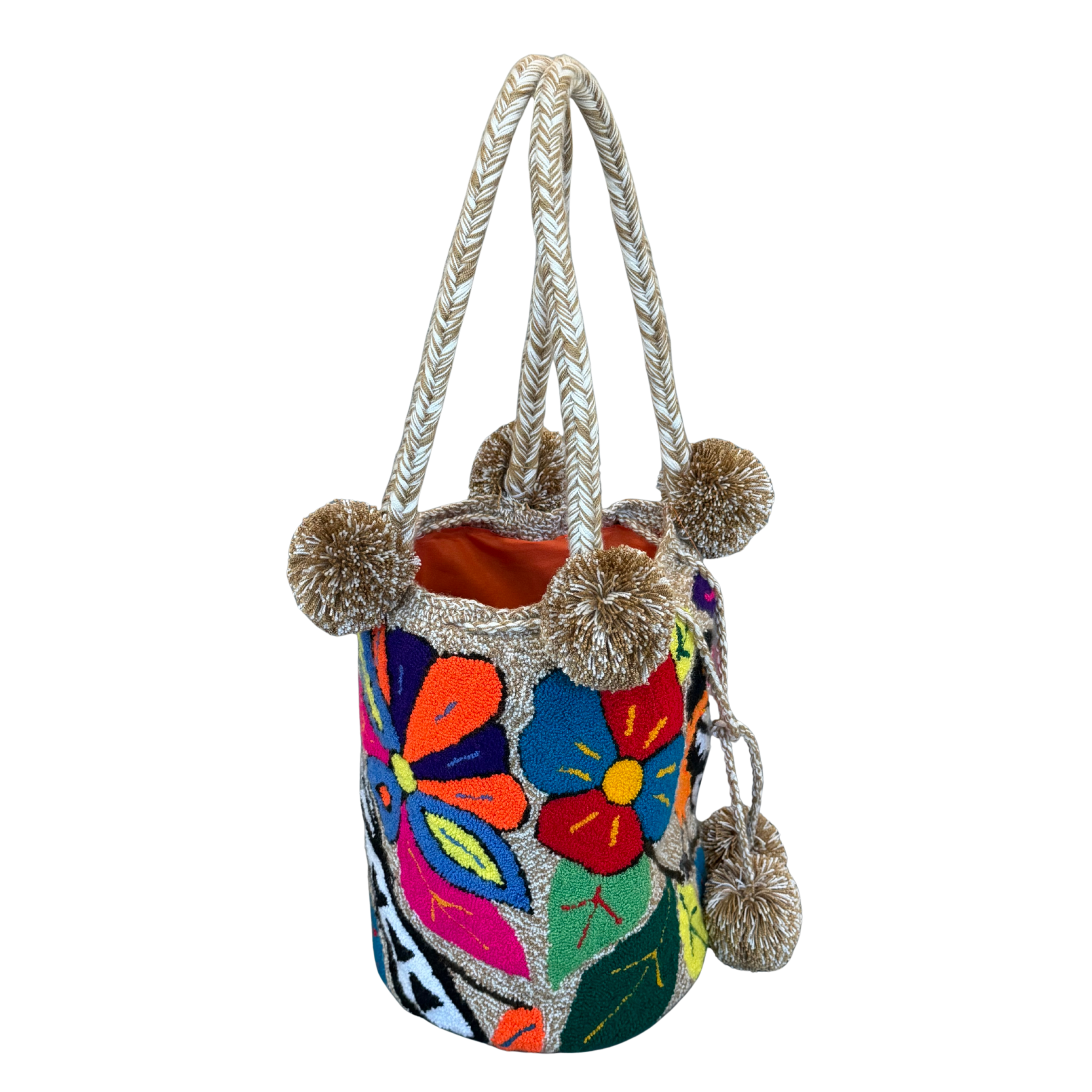 Wayuu Large Premium Handmade Tapestry Bucket Bag |  Needle Punch Floral Design "Tropical Bird"