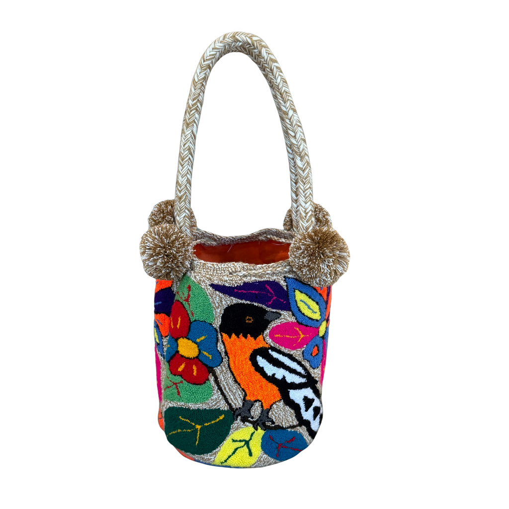 Wayuu Large Premium Handmade Tapestry Bucket Bag |  Needle Punch Floral Design "Tropical Bird"
