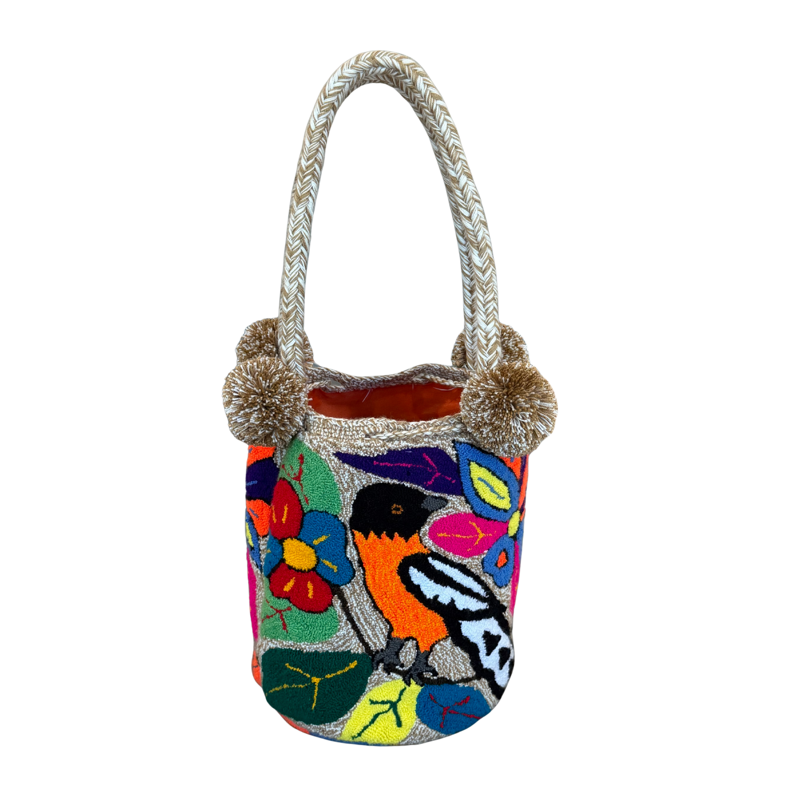 Wayuu Large Premium Handmade Tapestry Bucket Bag |  Needle Punch Floral Design "Tropical Bird"