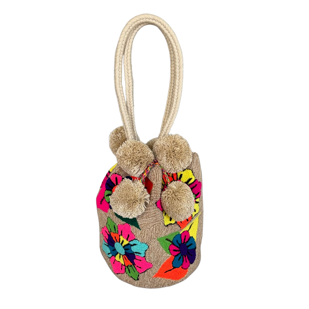 Wayuu Large Premium Handmade Tapestry Bucket Bag |  Needle Punch Floral Design "Bloom Garden"