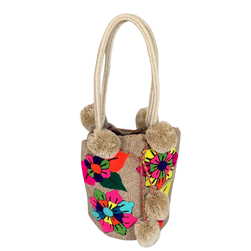 Wayuu Large Premium Handmade Tapestry Bucket Bag |  Needle Punch Floral Design "Bloom Garden"