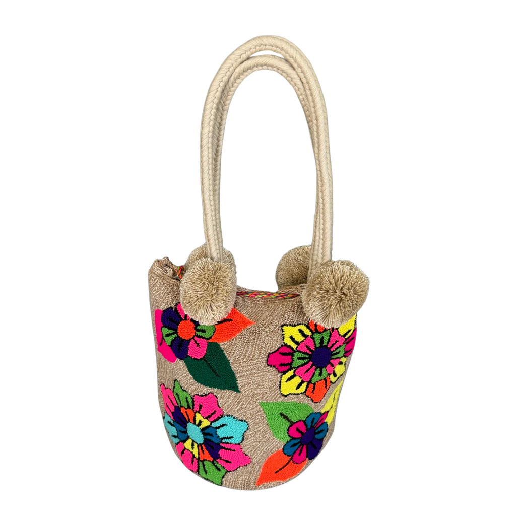 Wayuu Large Premium Handmade Tapestry Bucket Bag |  Needle Punch Floral Design "Bloom Garden"