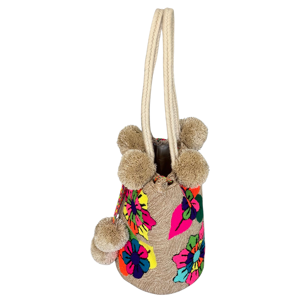 Wayuu Large Premium Handmade Tapestry Bucket Bag |  Needle Punch Floral Design "Bloom Garden"