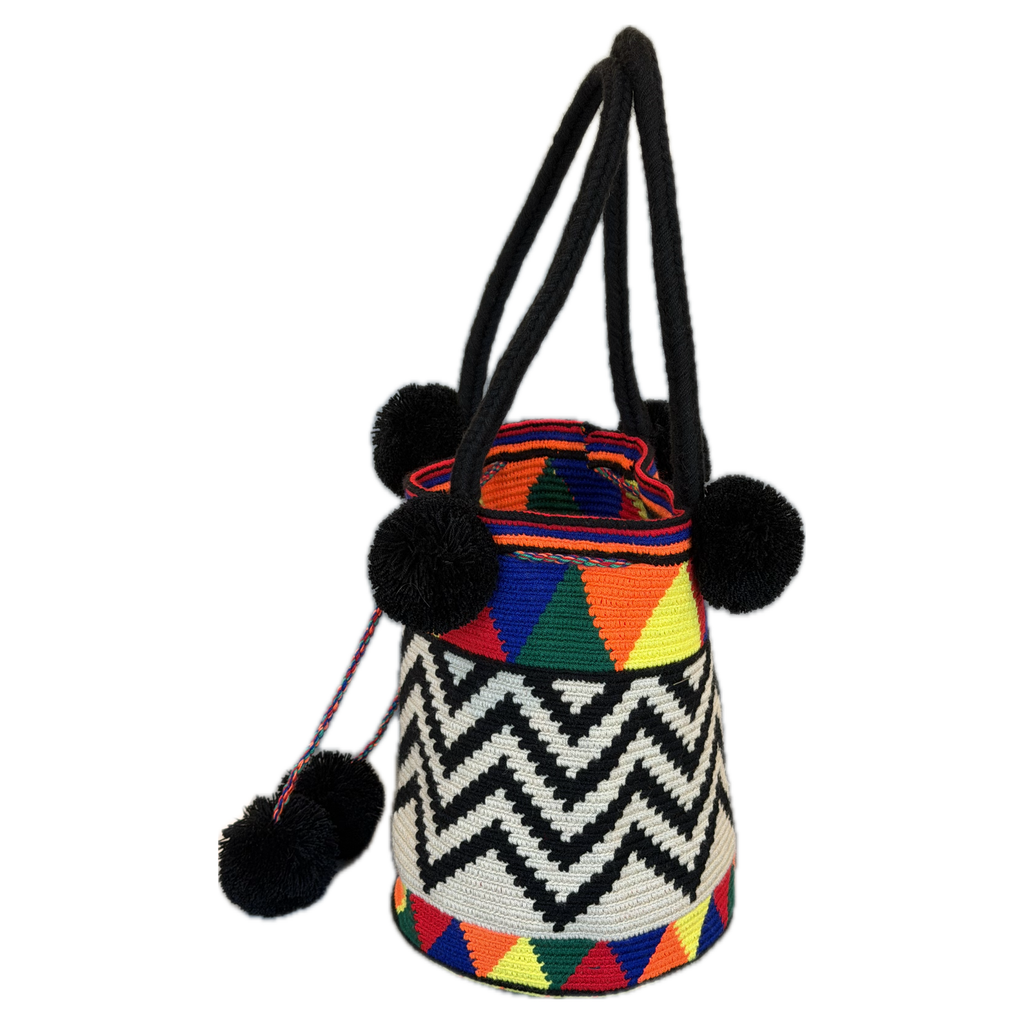 Wayuu Handmade Large Crochet Bucket Bag with Pom Poms "Happy Sunny Zigzag"