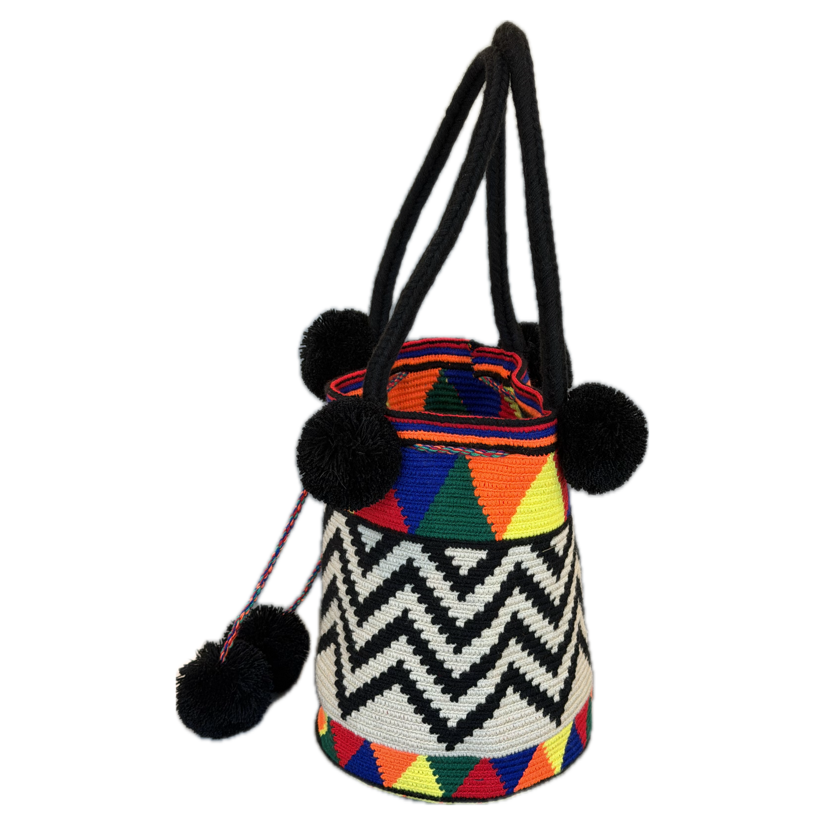 Wayuu Handmade Large Crochet Bucket Bag with Pom Poms "Happy Sunny Zigzag"