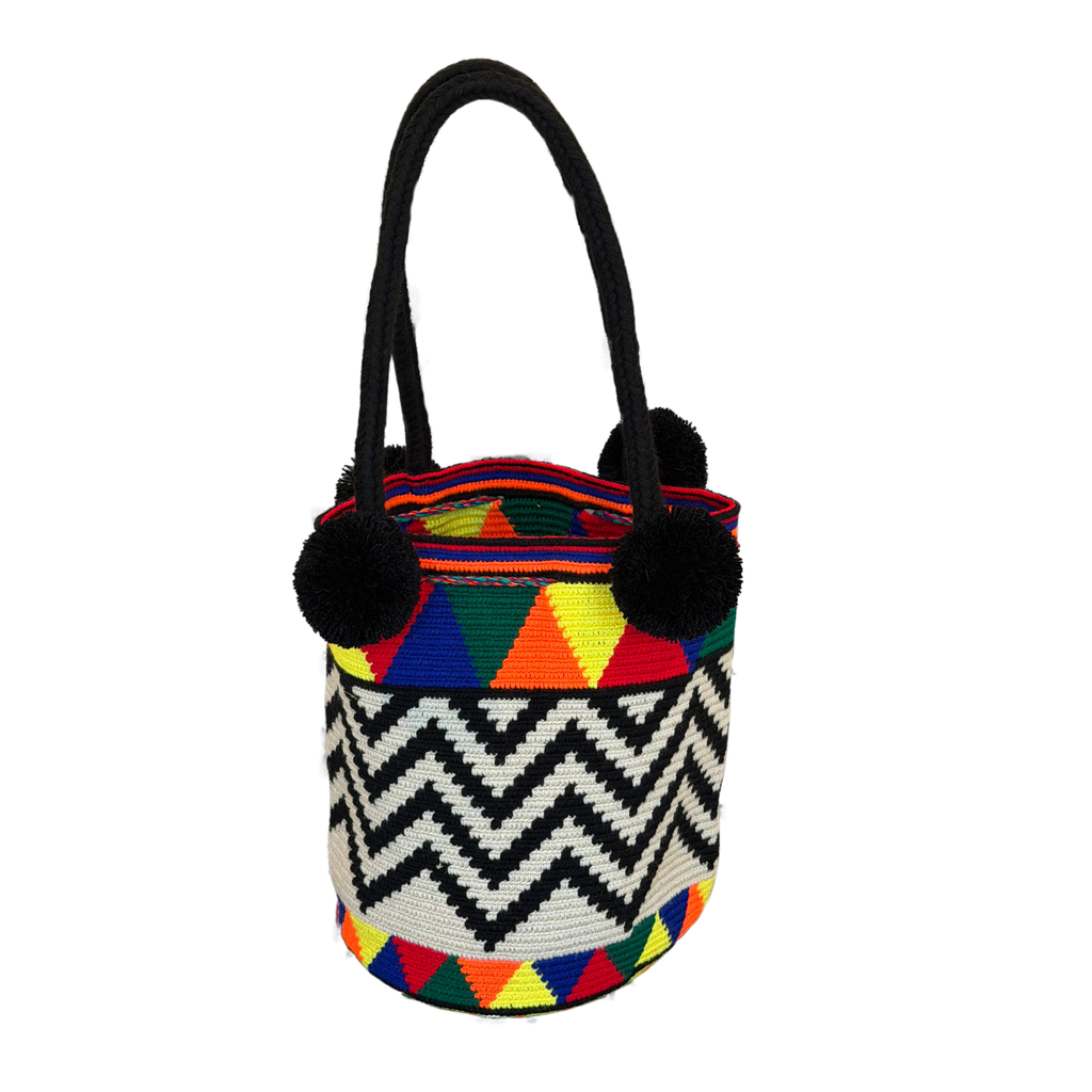 Wayuu Handmade Large Crochet Bucket Bag with Pom Poms "Happy Sunny Zigzag"