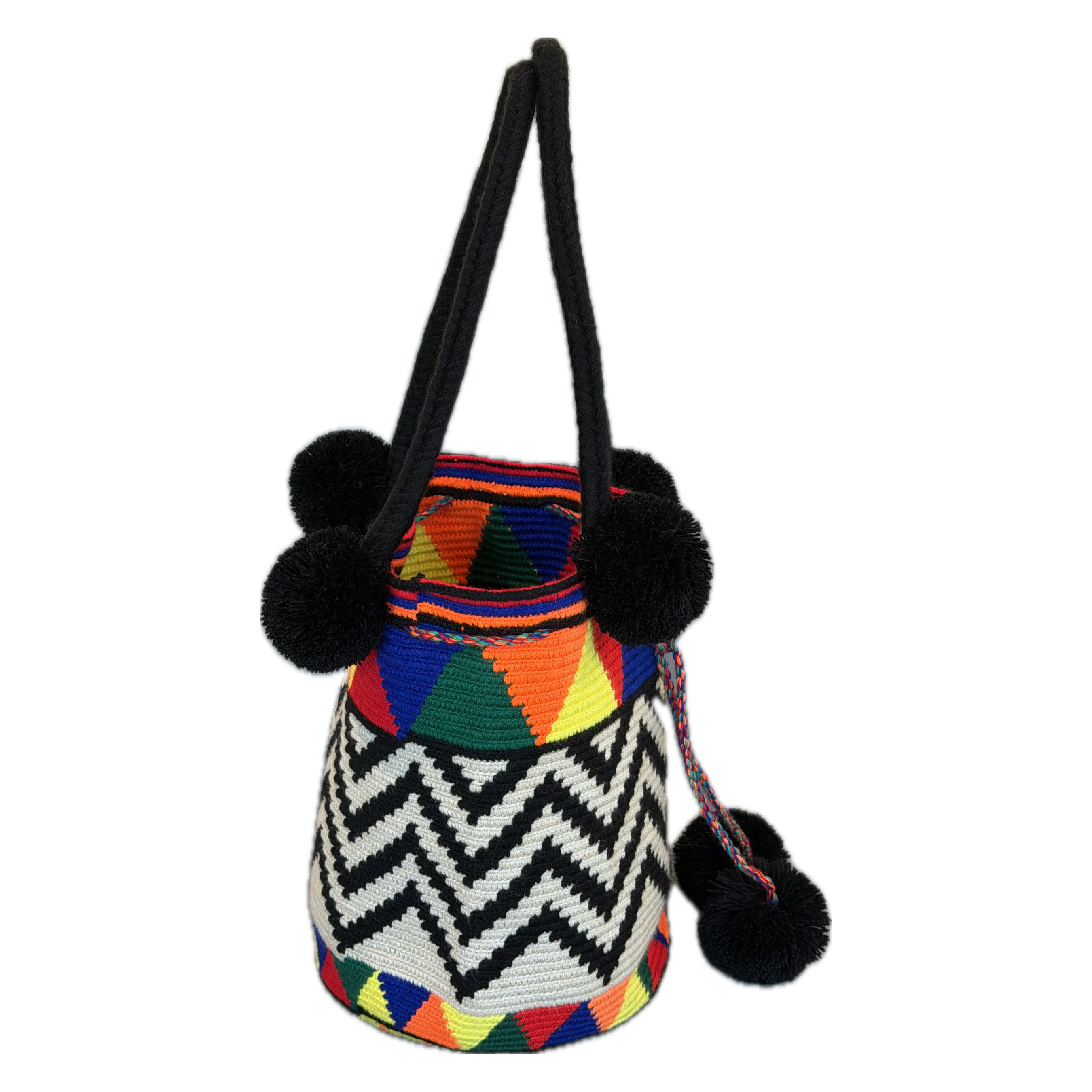 Wayuu Handmade Large Crochet Bucket Bag with Pom Poms "Happy Sunny Zigzag"