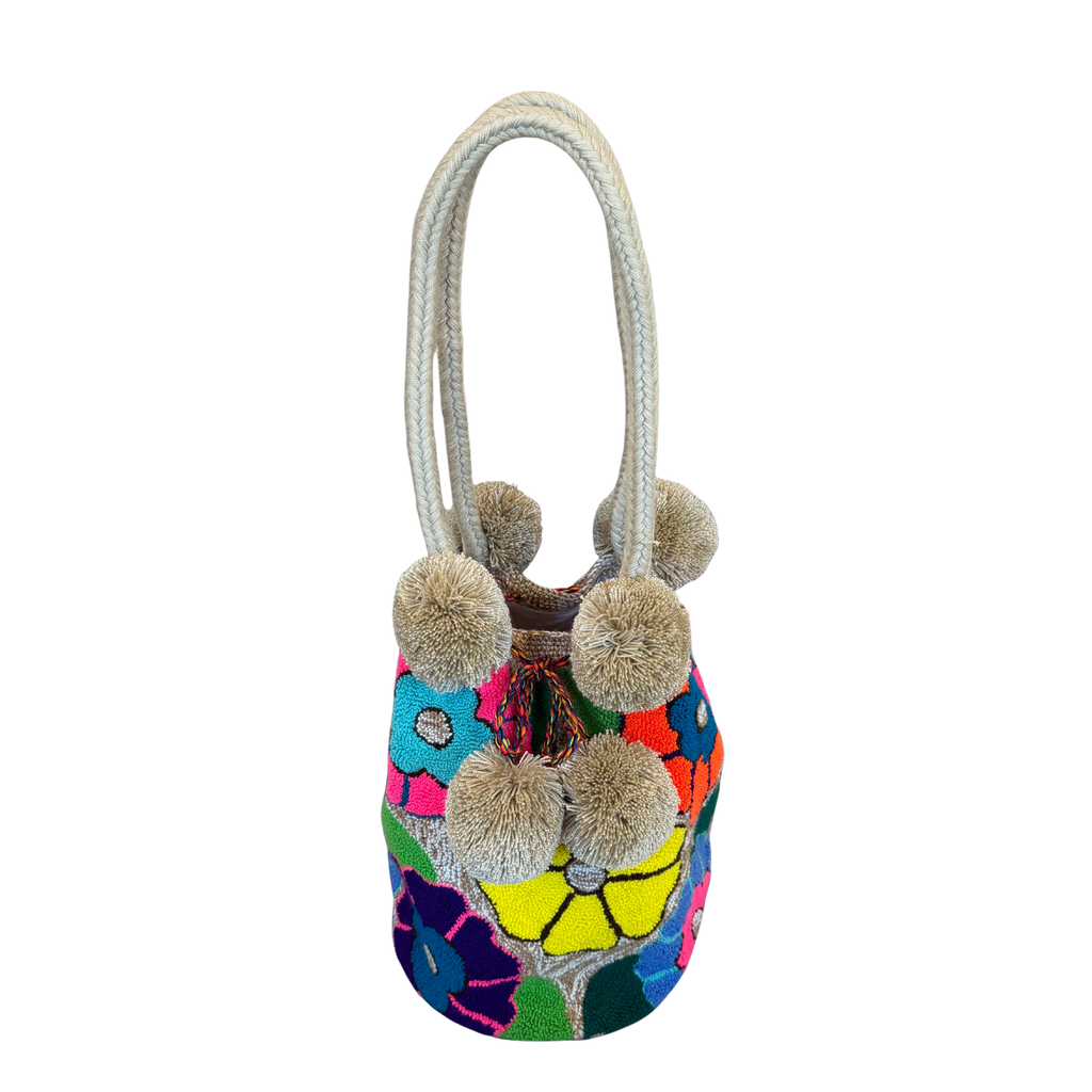 Wayuu Large Premium Handmade Tapestry Bucket Bag |  Needle Punch Floral Design "Sunny Day"