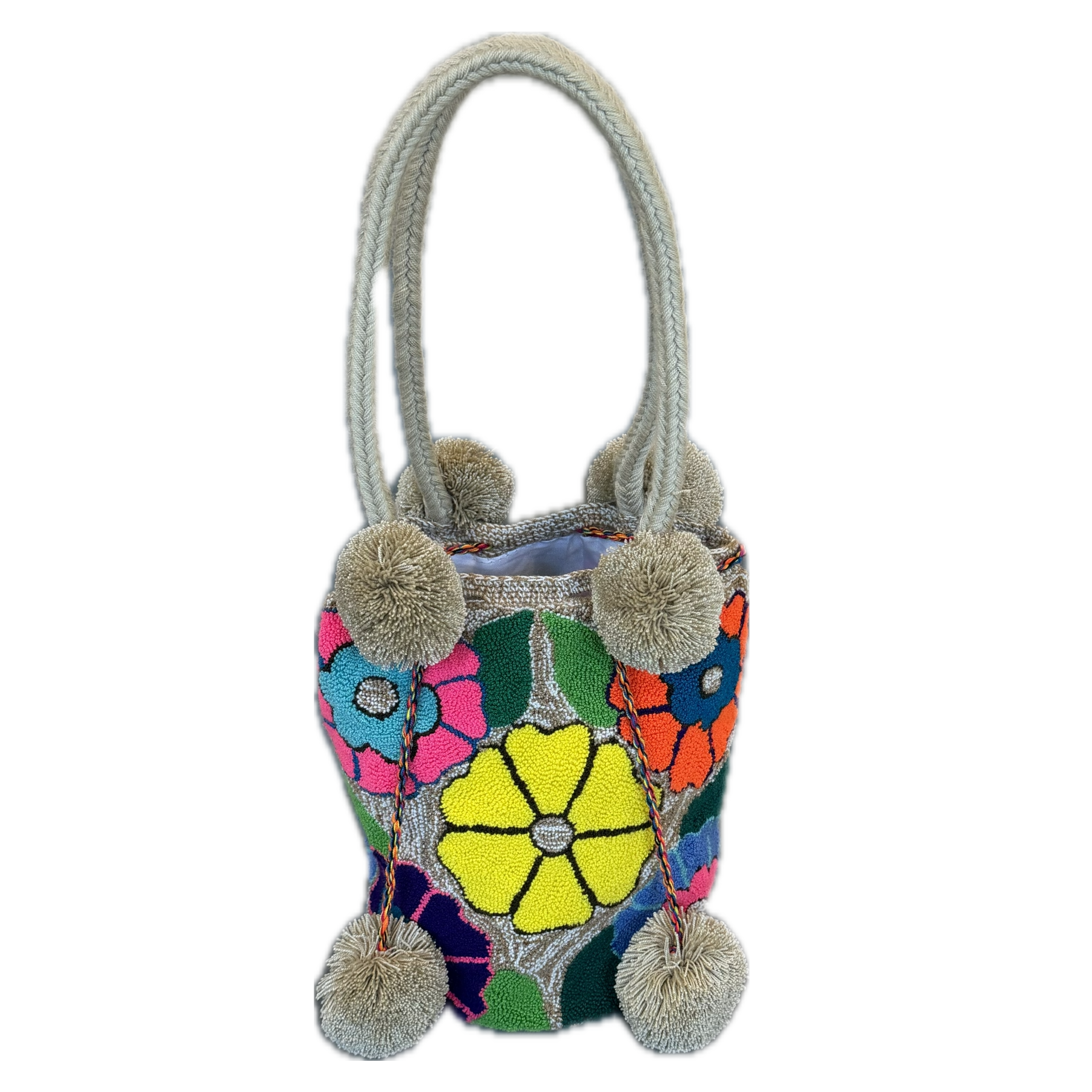 Wayuu Large Premium Handmade Tapestry Bucket Bag |  Needle Punch Floral Design "Sunny Day"