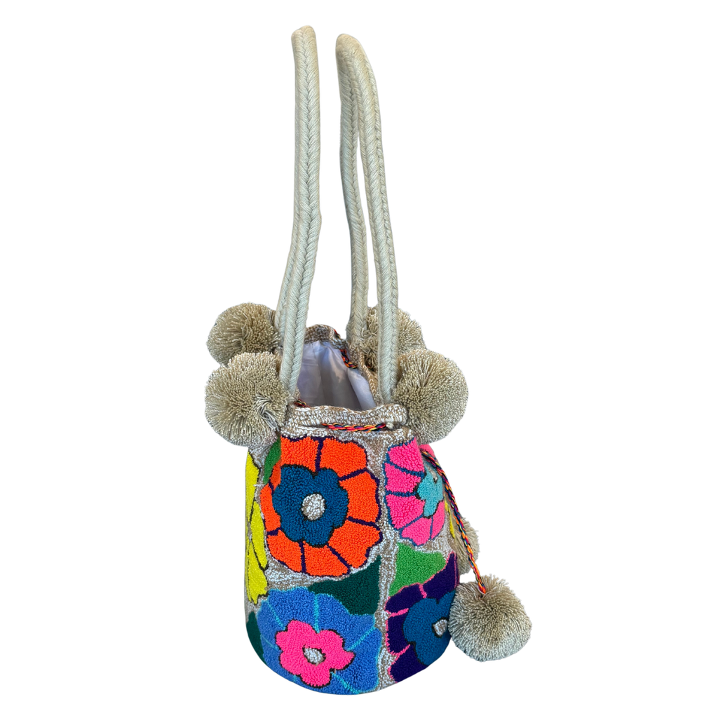 Wayuu Large Premium Handmade Tapestry Bucket Bag |  Needle Punch Floral Design "Sunny Day"