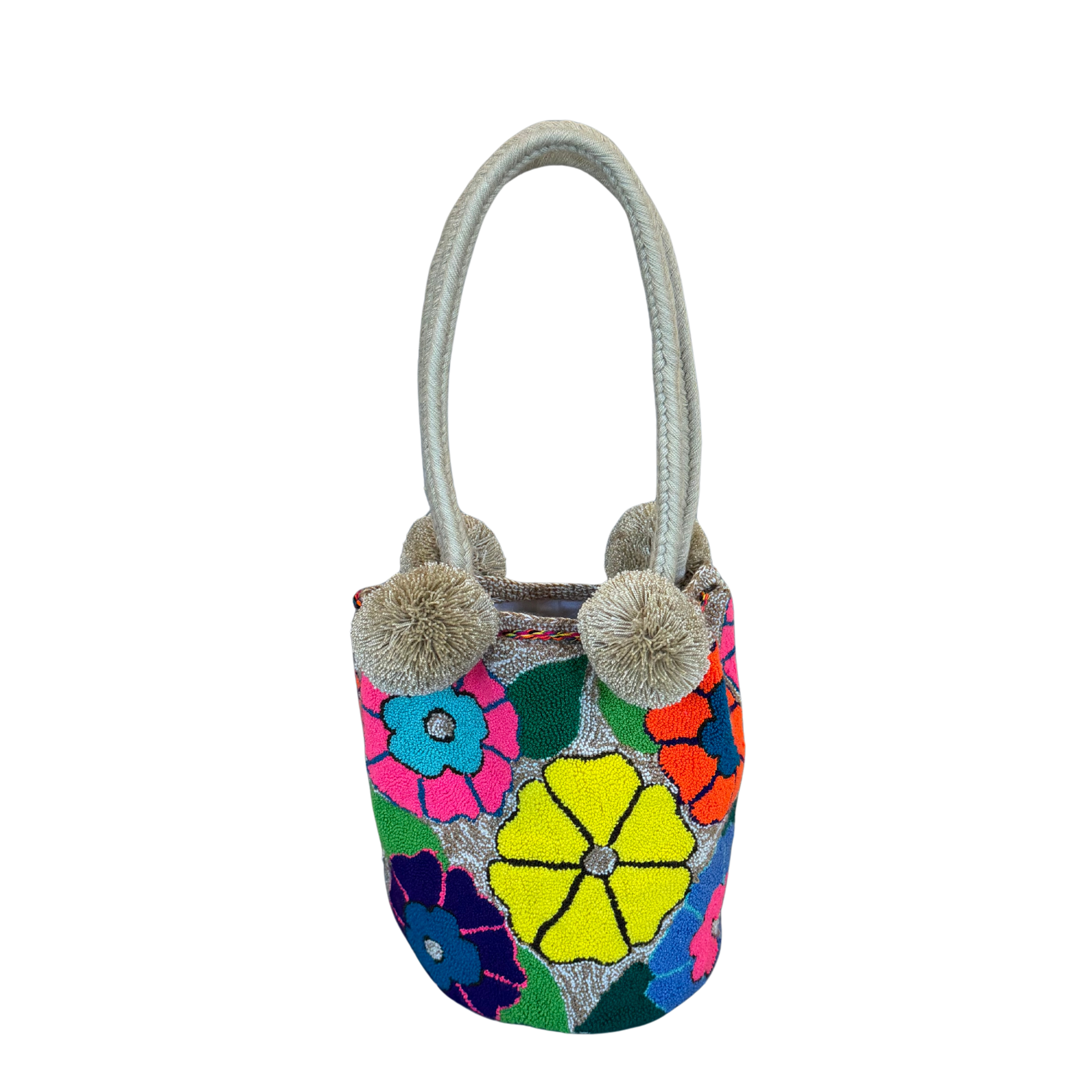 Wayuu Large Premium Handmade Tapestry Bucket Bag |  Needle Punch Floral Design "Sunny Day"