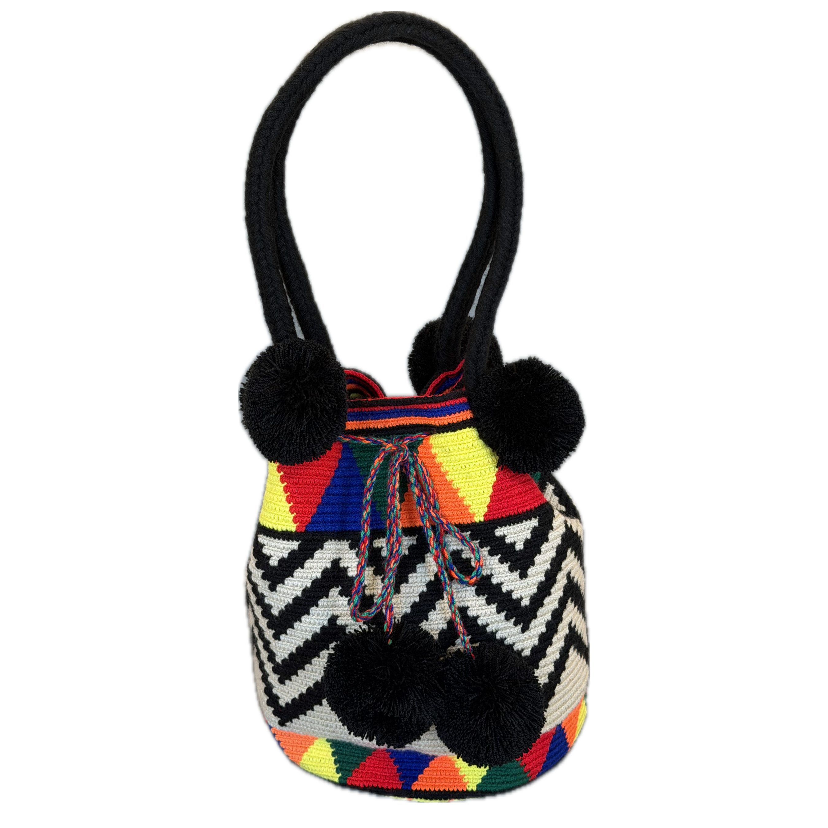Wayuu Handmade Large Crochet Bucket Bag with Pom Poms "Happy Sunny Zigzag"