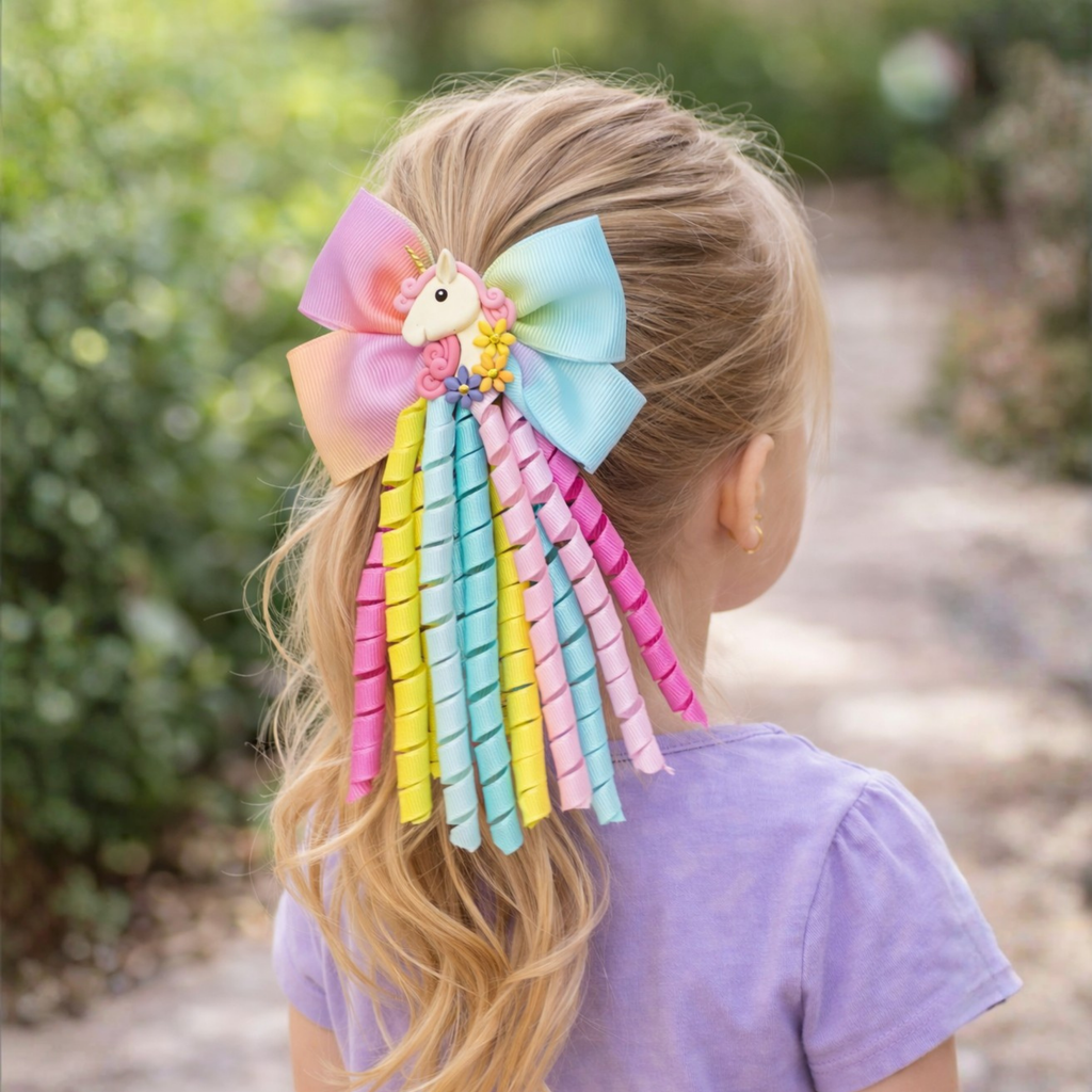 Unicorn Curly Hair Bow for Girls - Handmade Pastel Rainbow Bow with Ribbon Curls