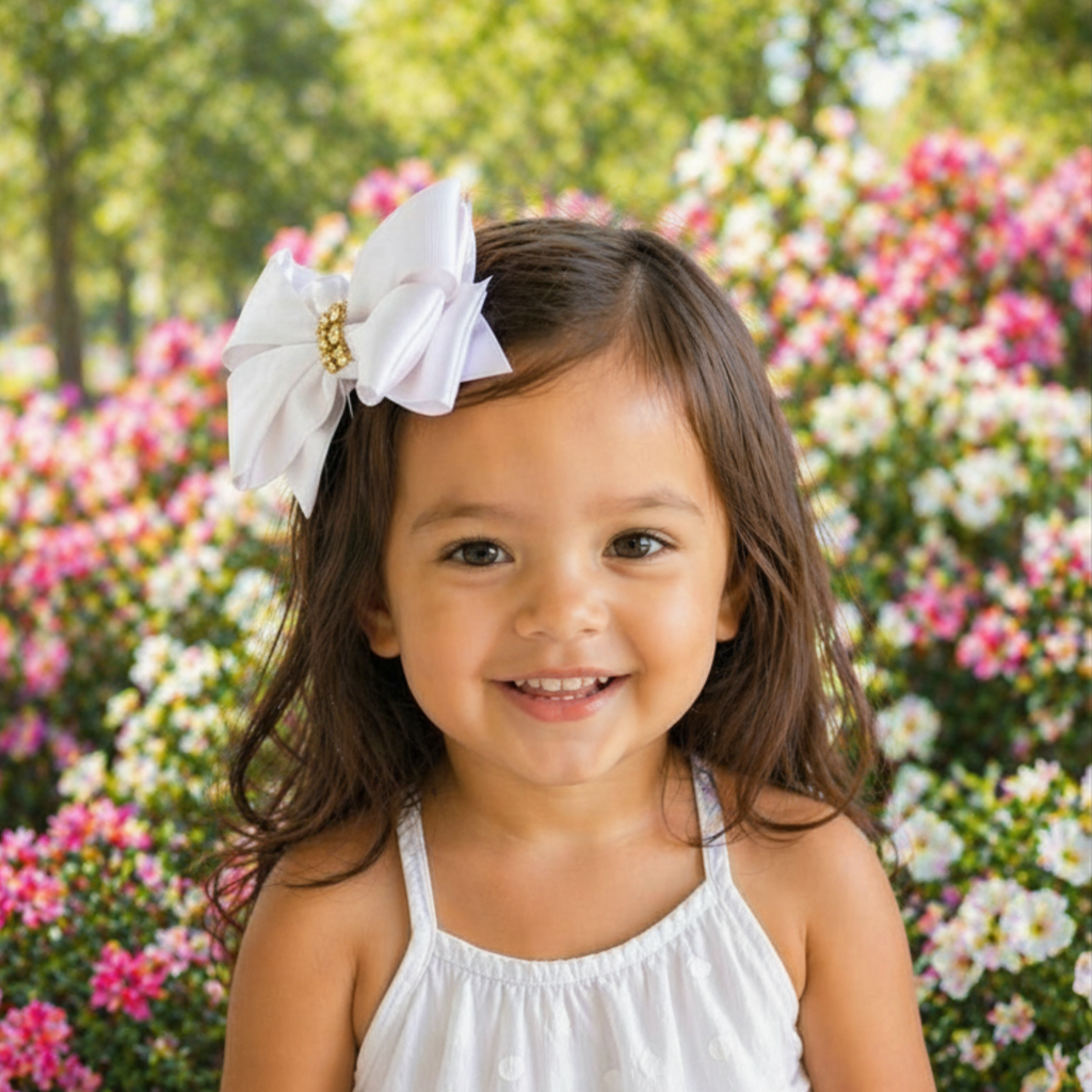 Handmade Deluxe Girls Hair Bow with Gold Rhinestone Center | Boutique Hair Clip