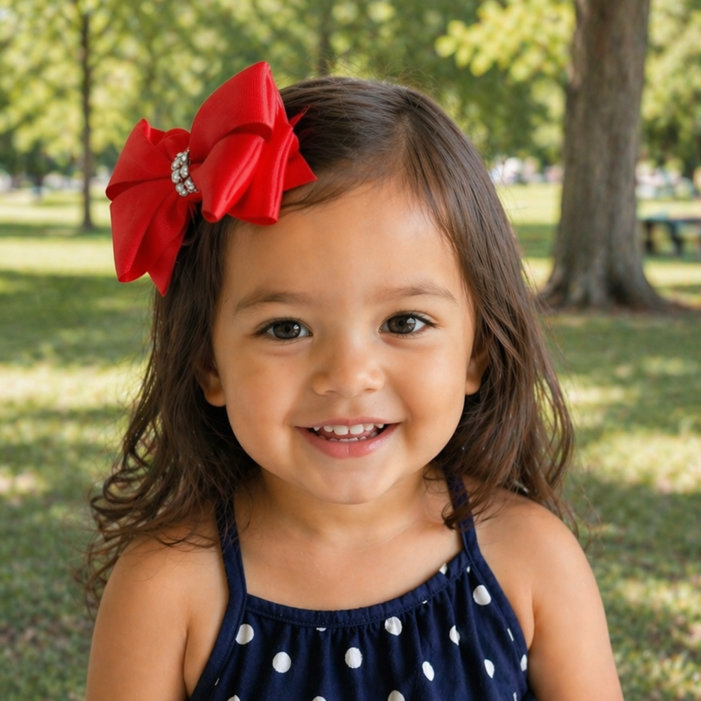 Handmade Deluxe Hair Bow with Silver Rhinestone Center – Boutique Girls Hair Clip