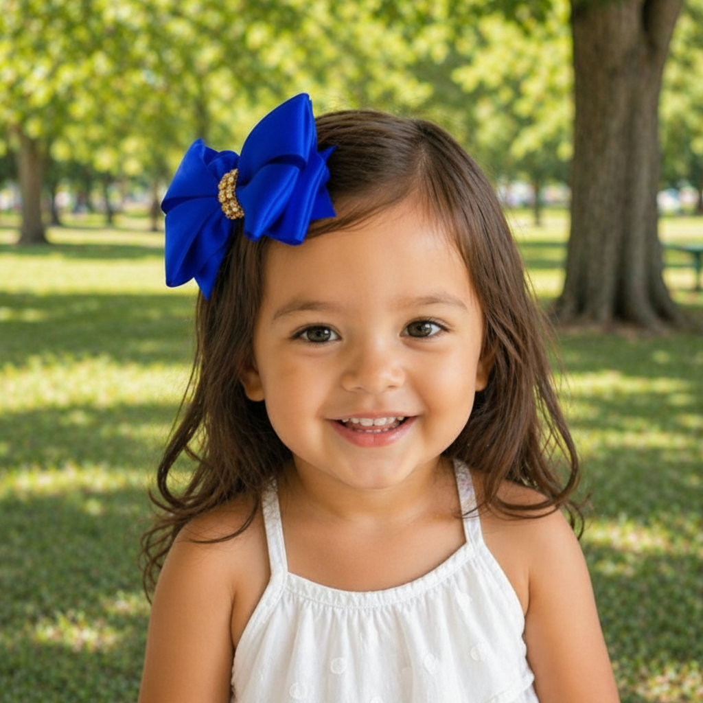 Handmade Deluxe Girls Hair Bow with Gold Rhinestone Center | Boutique Hair Clip