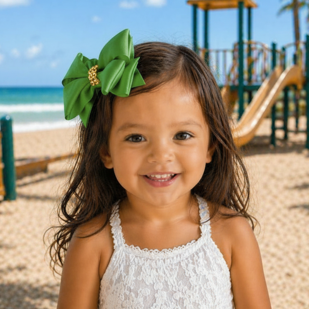 Handmade Deluxe Girls Hair Bow with Gold Rhinestone Center | Boutique Hair Clip