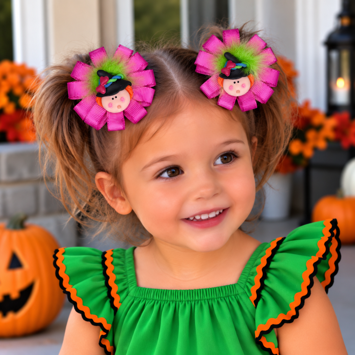 Mini Halloween Hair Bows for Girls – Set of 2 Matching Handmade Pigtail Hair Clips with Charms
