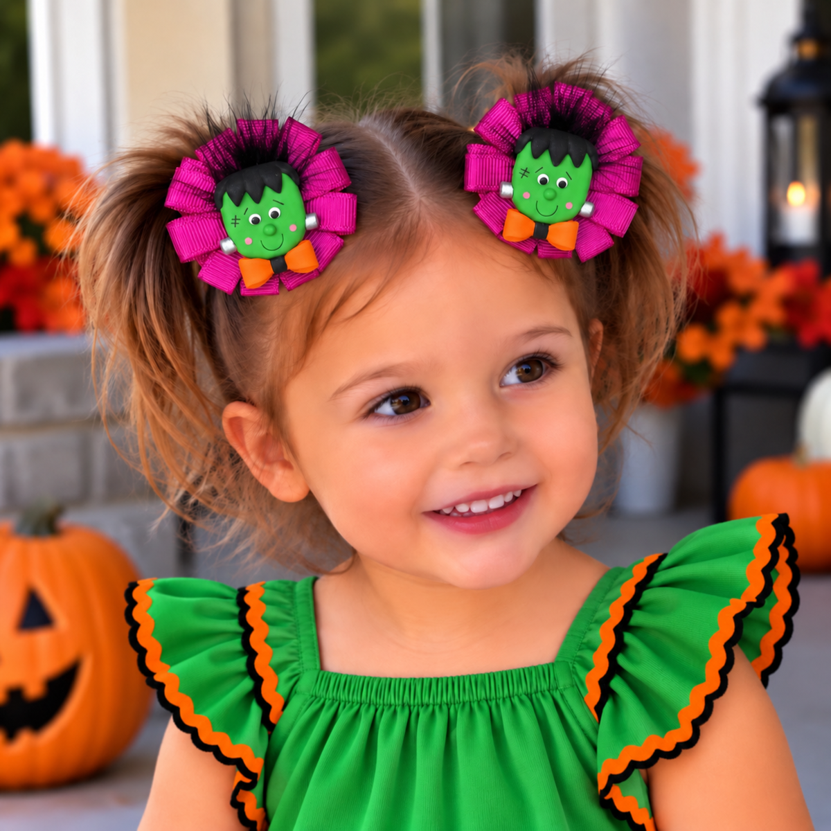 Mini Halloween Hair Bows for Girls – Set of 2 Matching Handmade Pigtail Hair Clips with Charms