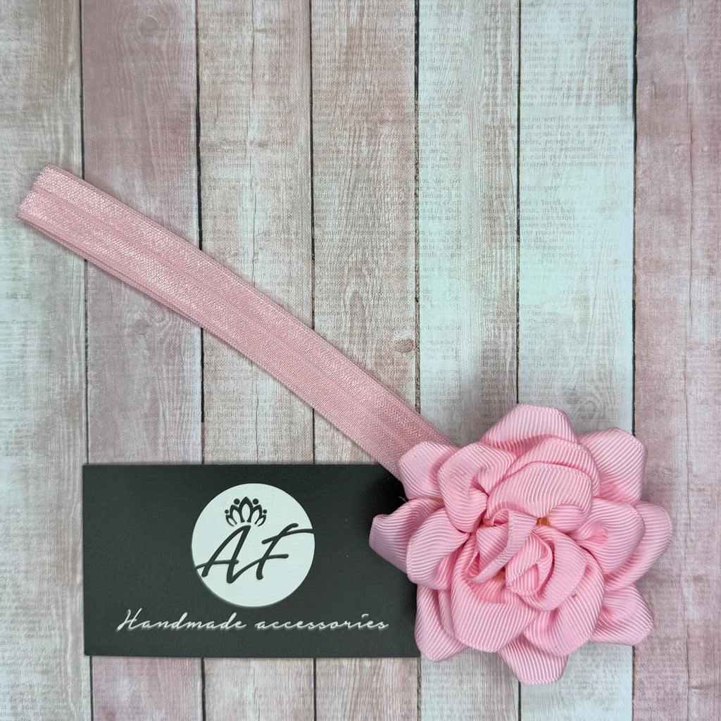 Rose Flower Baby Headband – Soft Elastic Band with Handmade Ribbon Flower
