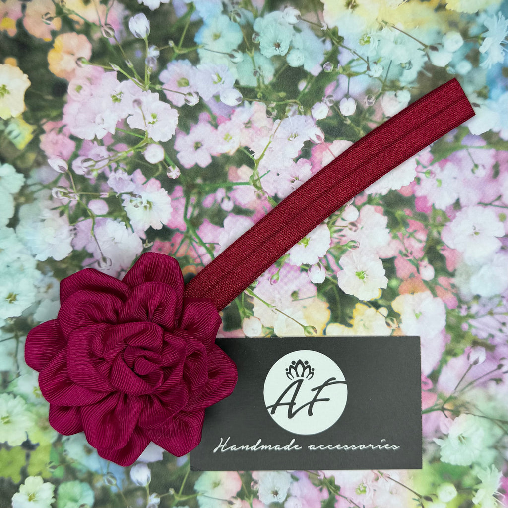 Rose Flower Baby Headband – Soft Elastic Band with Handmade Ribbon Flower