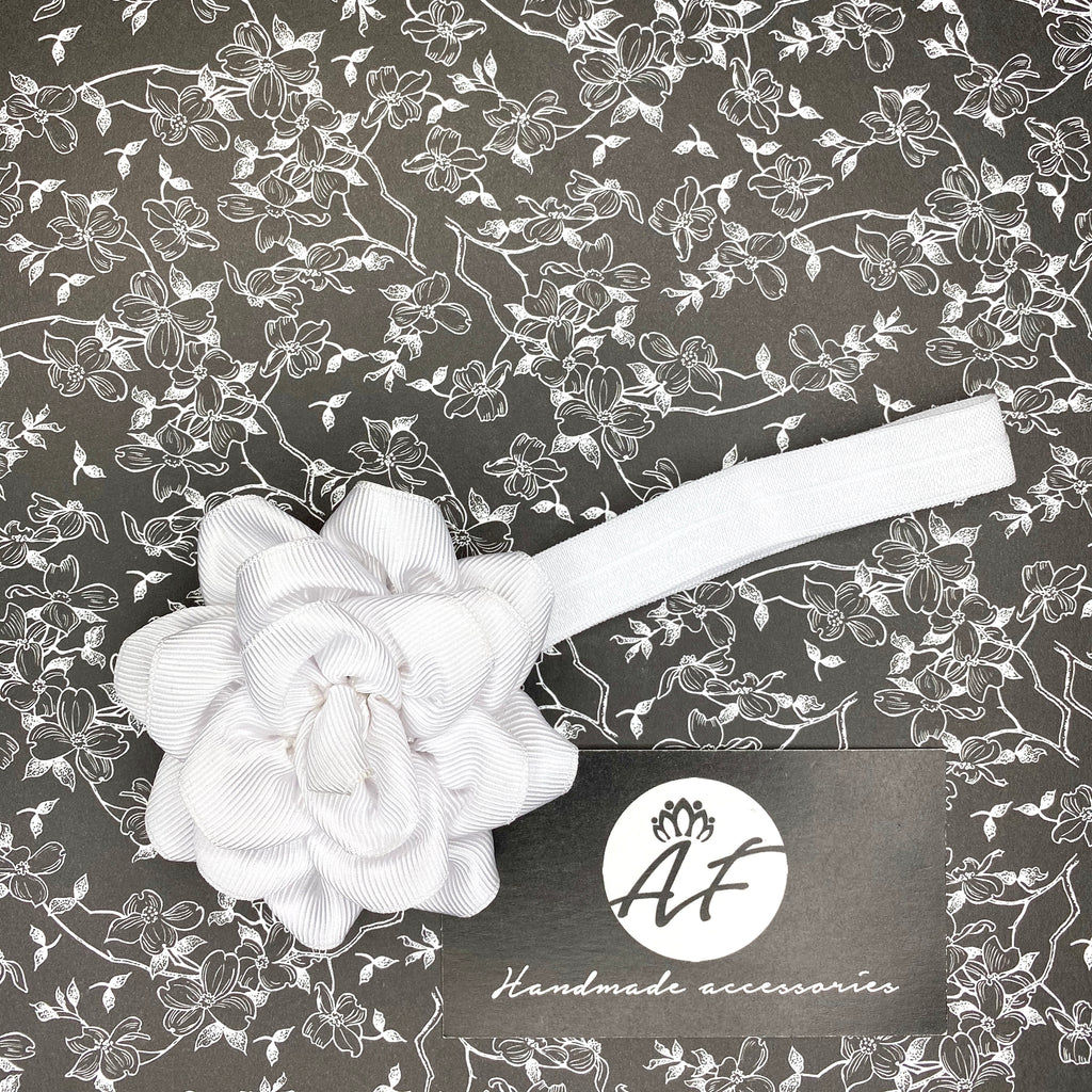 Rose Flower Baby Headband – Soft Elastic Band with Handmade Ribbon Flower
