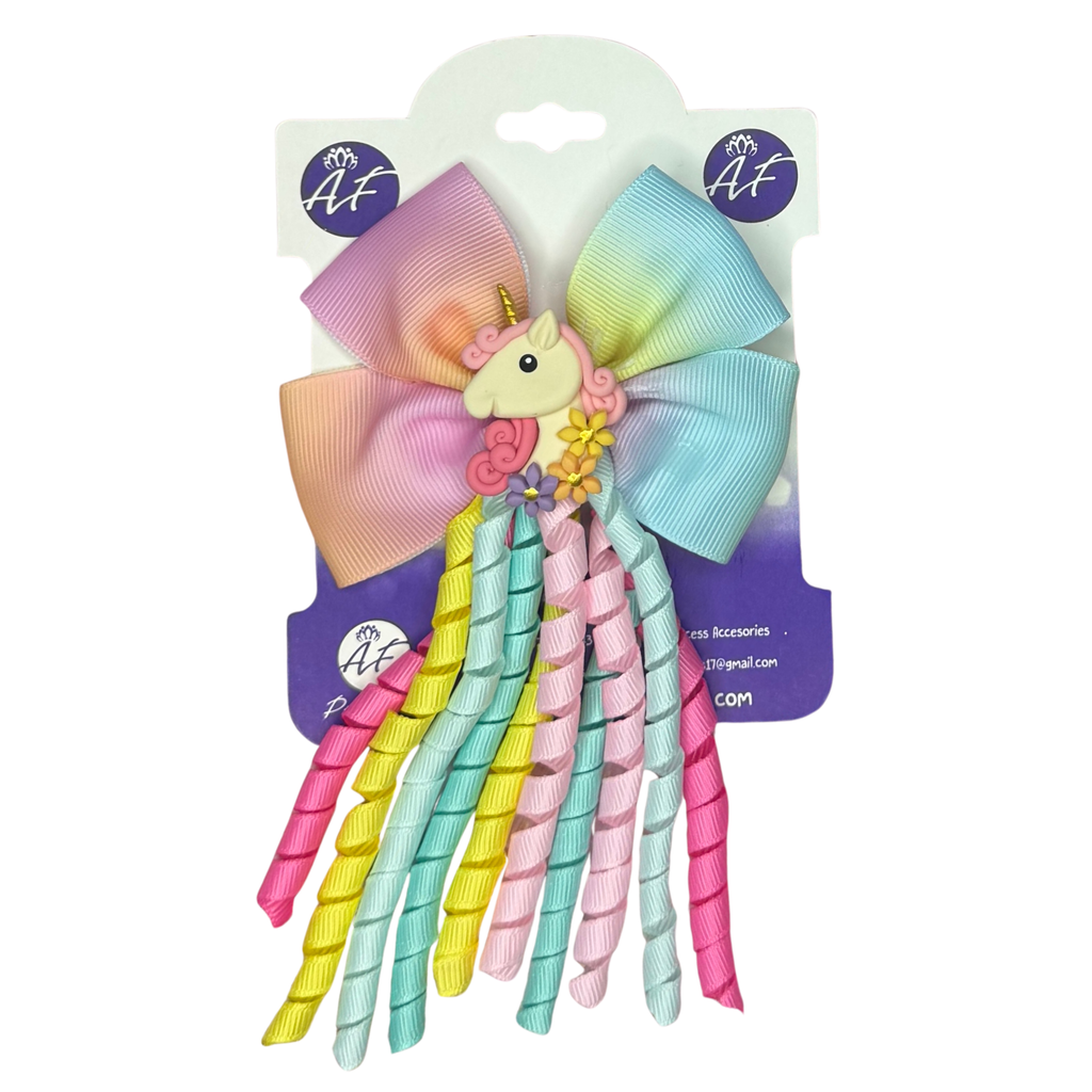 Unicorn Curly Hair Bow for Girls - Handmade Pastel Rainbow Bow with Ribbon Curls