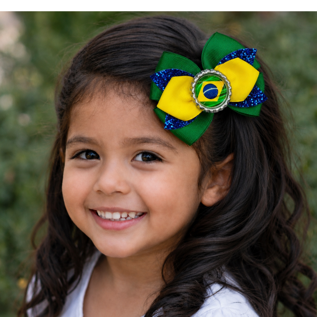 Handmade Brazil Hair Bow for Girls - Brazilian Flag Boutique Bow Clip