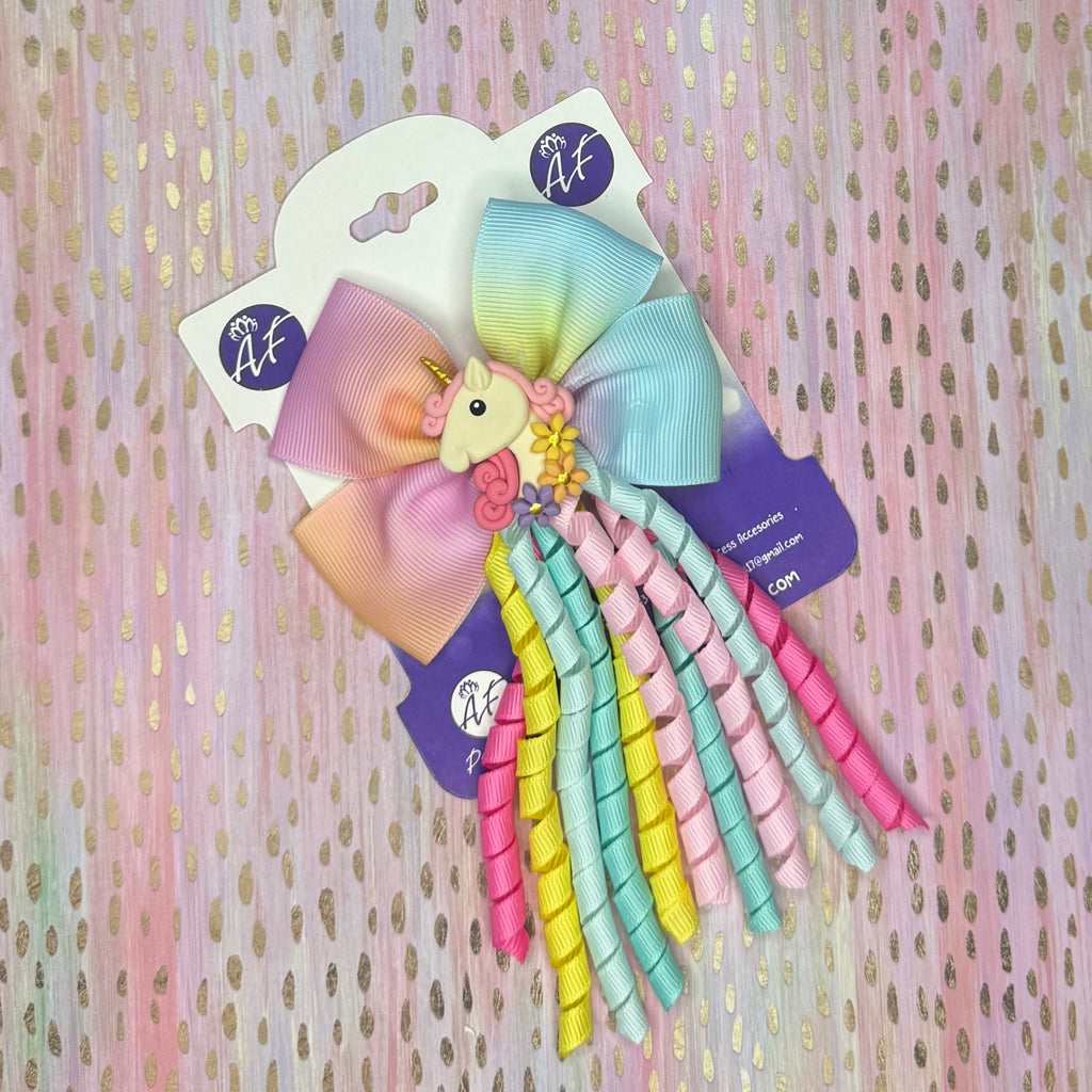 Unicorn Curly Hair Bow for Girls - Handmade Pastel Rainbow Bow with Ribbon Curls