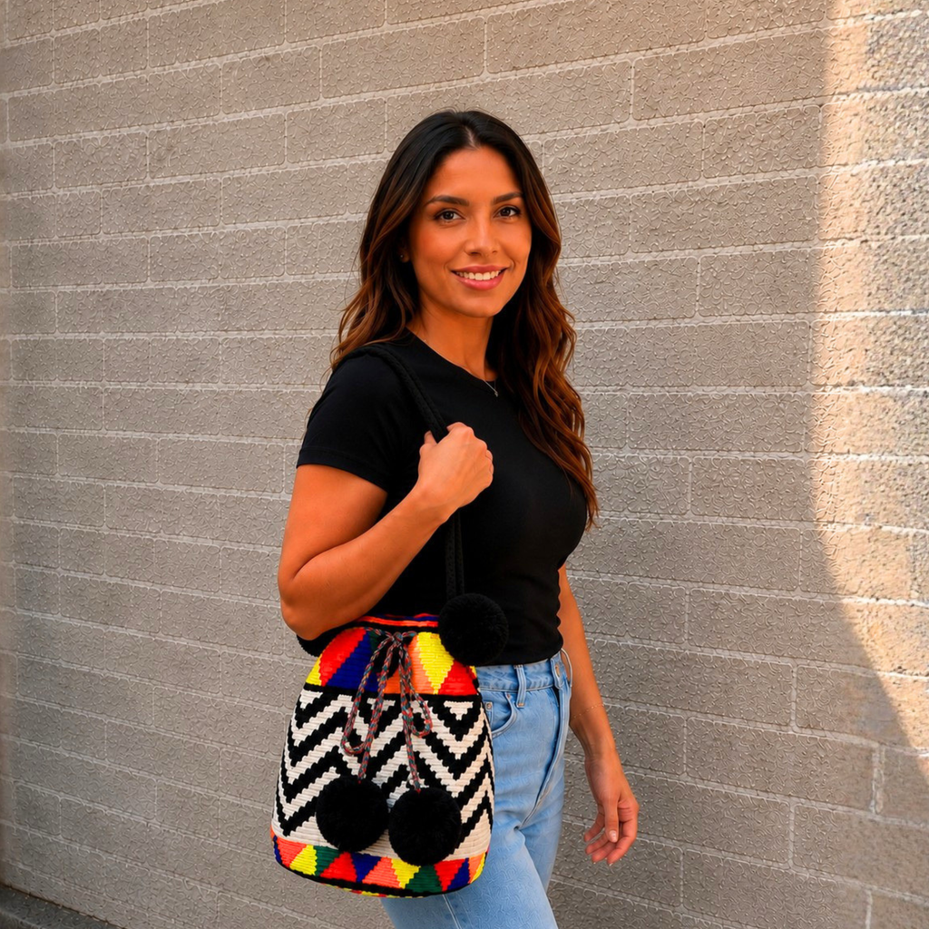 Wayuu Handmade Large Crochet Bucket Bag with Pom Poms "Happy Sunny Zigzag"