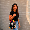 Wayuu Handmade Large Crochet Bucket Bag with Pom Poms "Happy Sunny Zigzag"