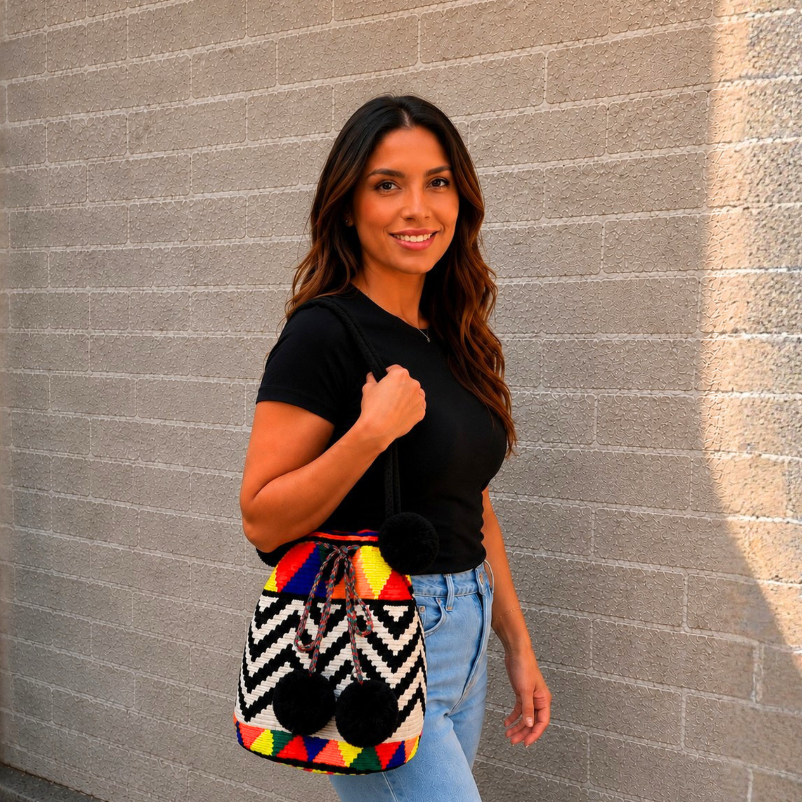 Wayuu Handmade Large Crochet Bucket Bag with Pom Poms "Happy Sunny Zigzag"