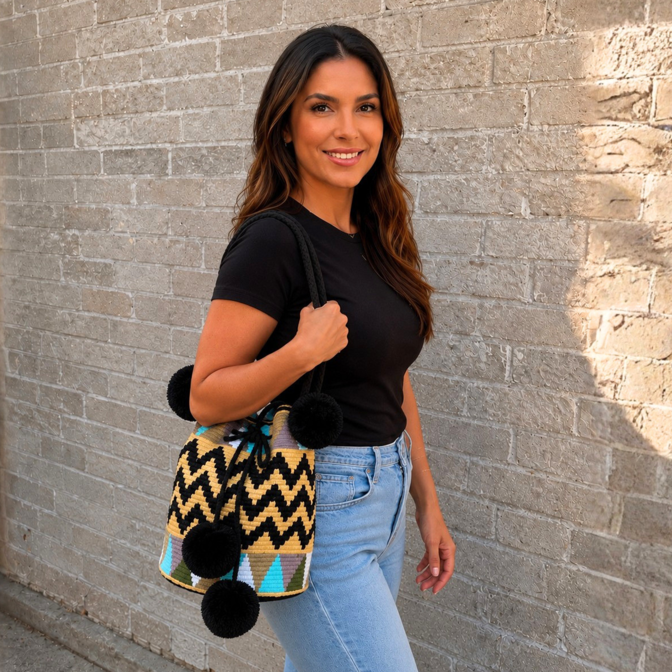 Wayuu Handmade Large Crochet Bucket Bag with Pom Poms "Desert Zigzag"